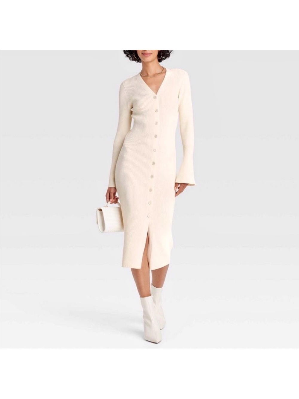 a new day Cream Ribbed Button-Front Midi Dress